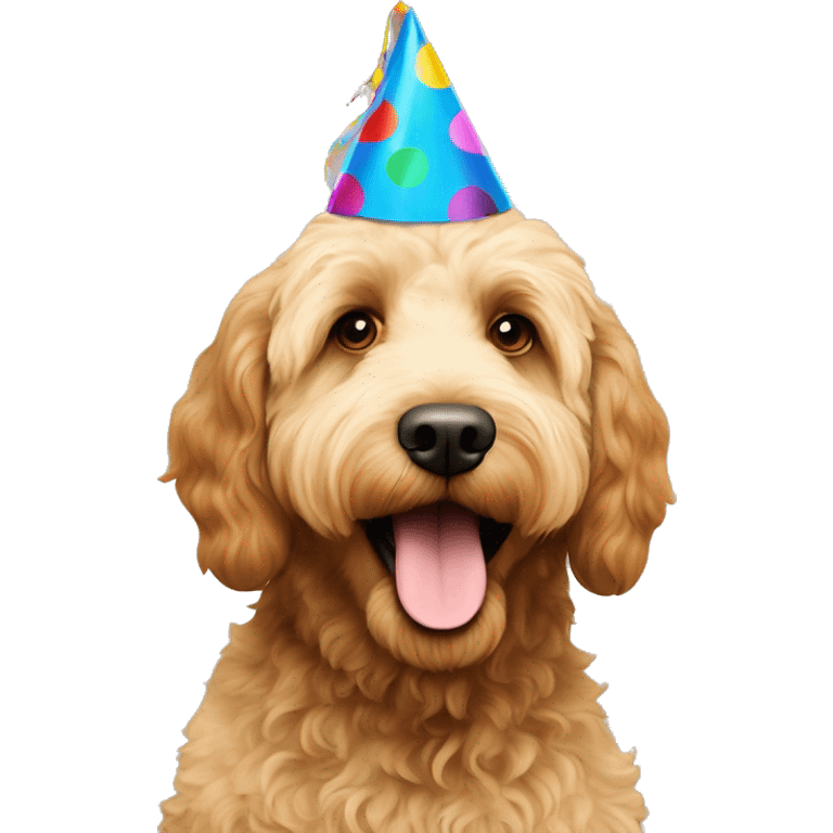 Labradoodle with a birthday party hat emoji