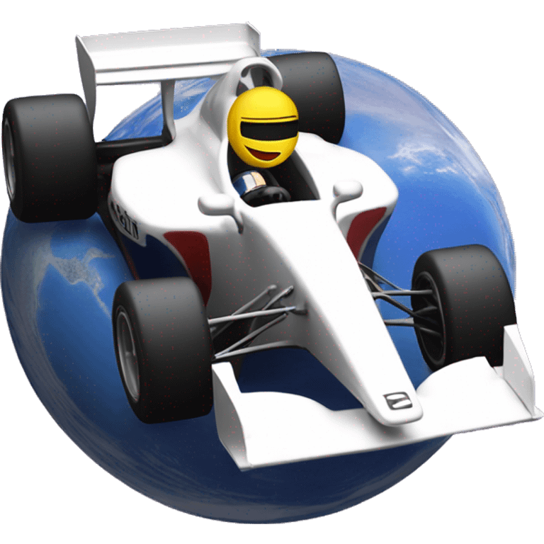 A formula 1 car driving on planet earth emoji