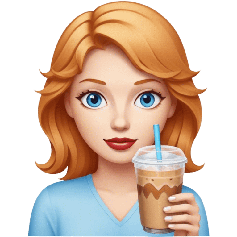 Strawberry Blonde woman with blue eyes holding iced coffee emoji