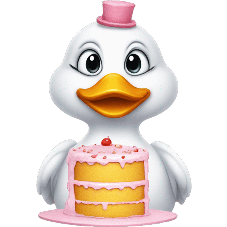 Ugly duck wearing cake as a hat emoji