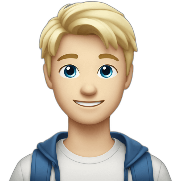 Blonde teen boy with medium short hair, blue eyes, waving hi to the camera emoji