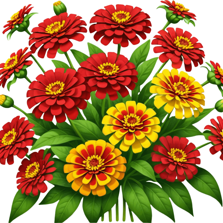 big bouquet red Yellow Zinnia, luxuriant, stem, leaf emoji