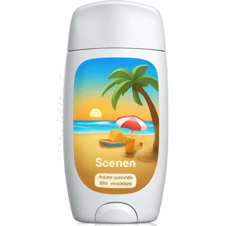 A Sunscreen bottle with a beach picture on the front emoji