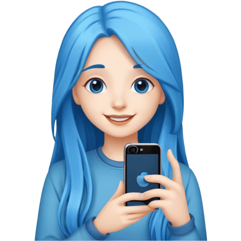 happy girl with long blue hair take a photo with her phone emoji