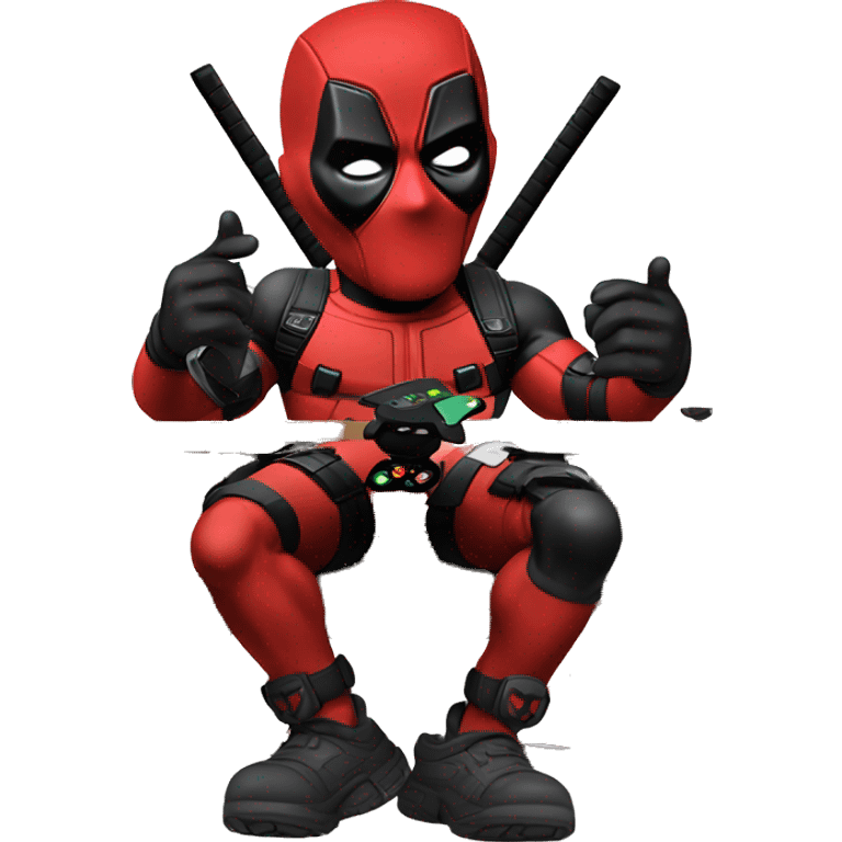 Deadpool holding xbox controller sitting at a desk, front view emoji