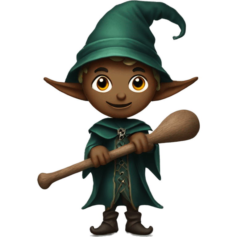 Elf dark sorcerer with a crescent moon hat, holding a bat, Halloween theme, emoji emoji