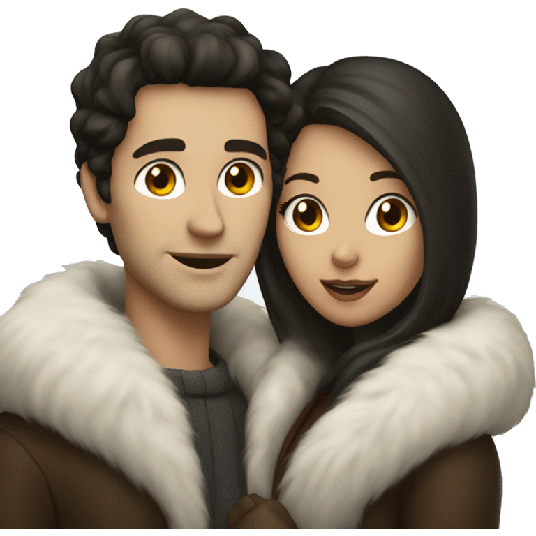 Dark haired White couple in long fur coats emoji