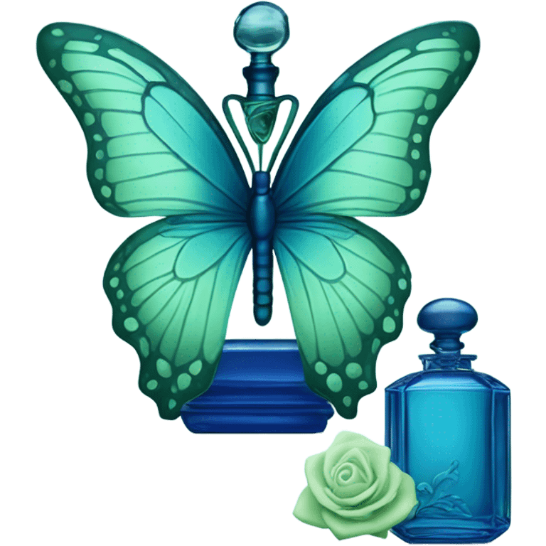  pastel green butterfly resting on an elegant blue perfume bottle with fork dark blue details. emoji