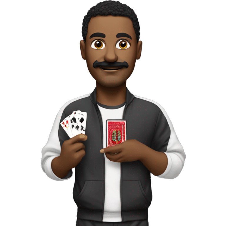 man,  with black moustache, a sly smirk, wearing track suit, with cash and playing cards in his hands emoji