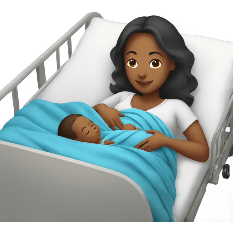 pregnant women holding her newborn baby in a blue swaddle blanket and she in laying down on a hospital bed  emoji