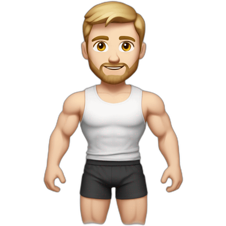 Full height Pale skinned fit man With biceps, Realistic eyes and mouth, light brown hair and stubble In dark gray sleeveless mike, black oversize sports shorts, watch and white sneakers. emoji