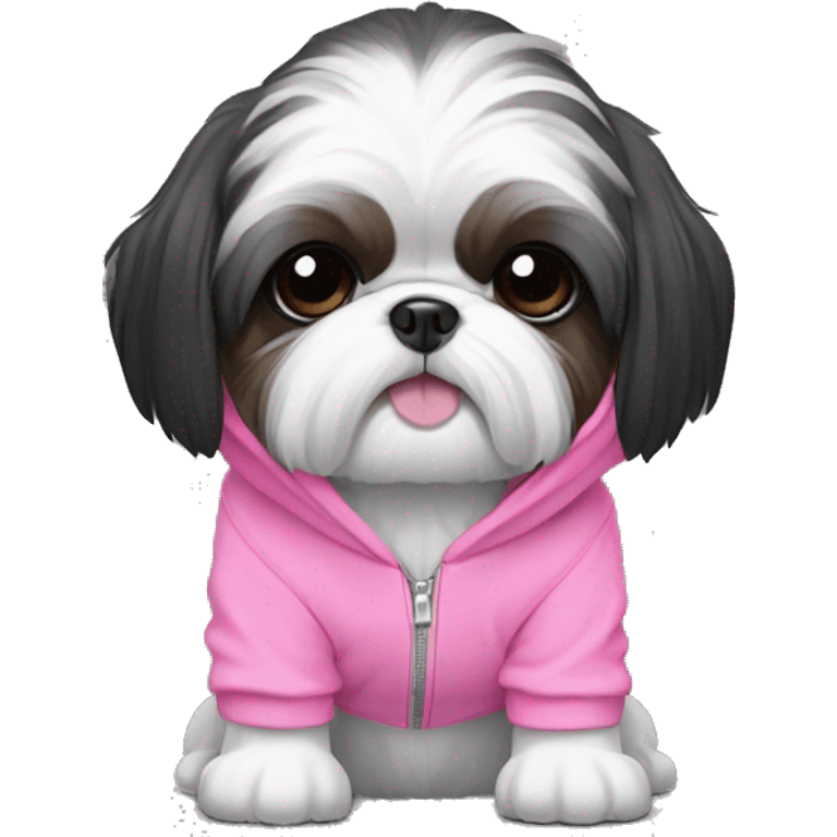 Black and white shih tzu wearing a pink hoodie emoji