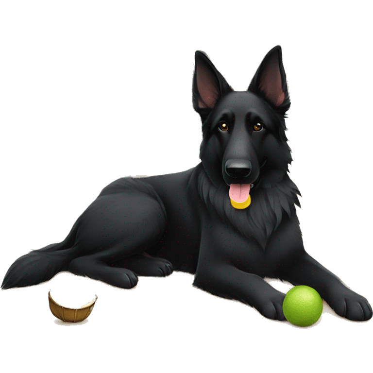 Black long haired german shepherd laying on the beach under a tiki hut with a margarita  emoji