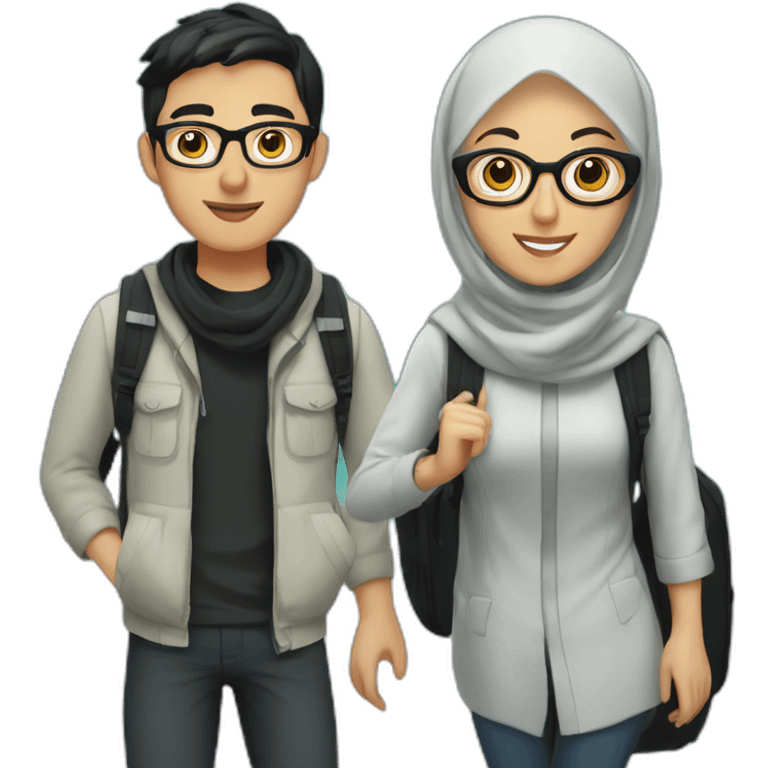 young white man with black hair and glasses and woman with hijab, both with backpack for holiday trip, full body emoji