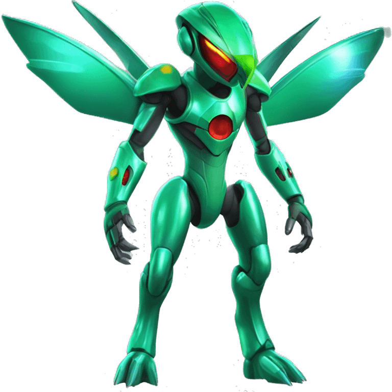 a shiny metallic Genesect-Flygon-Raptor-Fakémon-Medabot-hybrid with a futuristic visor-helmet full body emoji