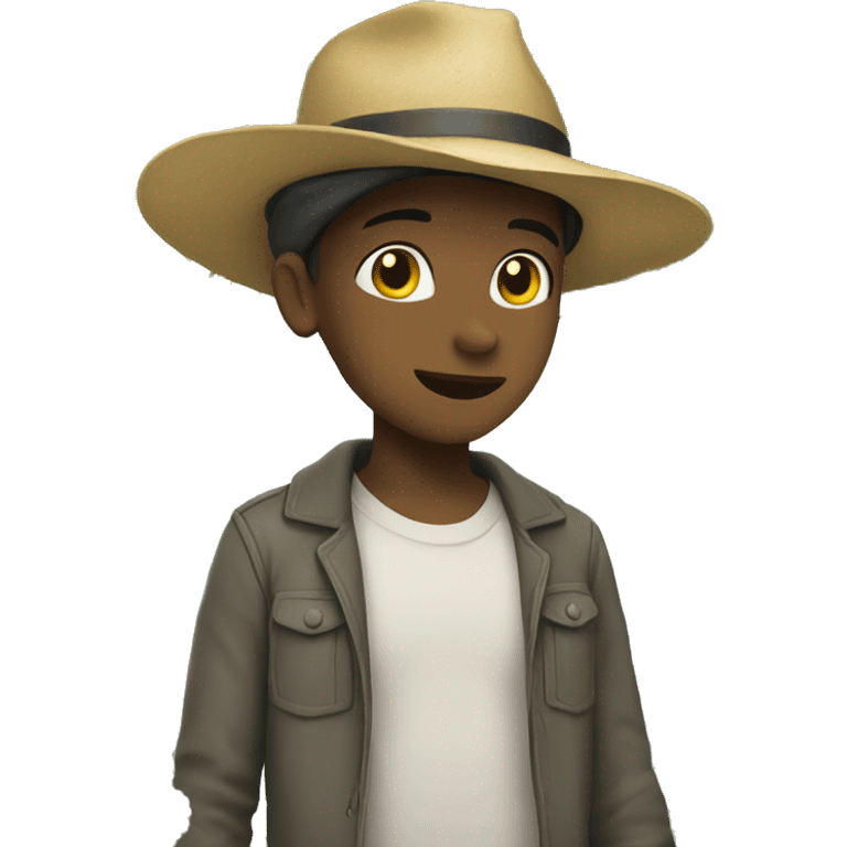 boy with hat by tree holding flowers behind back emoji