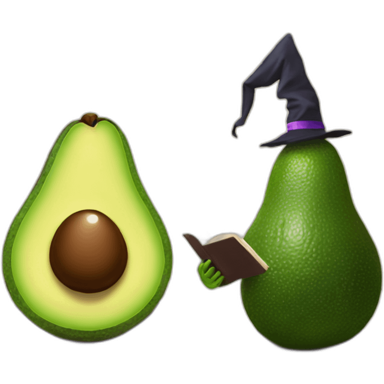 Avocado reading a book with a witch hat emoji