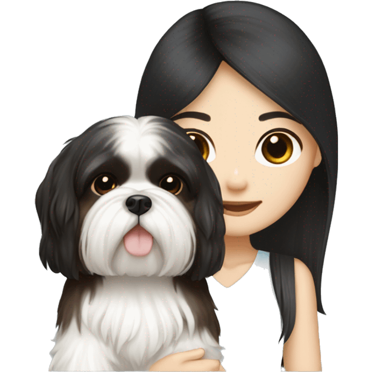 long black hair korean girl with white and brown shih tzu emoji