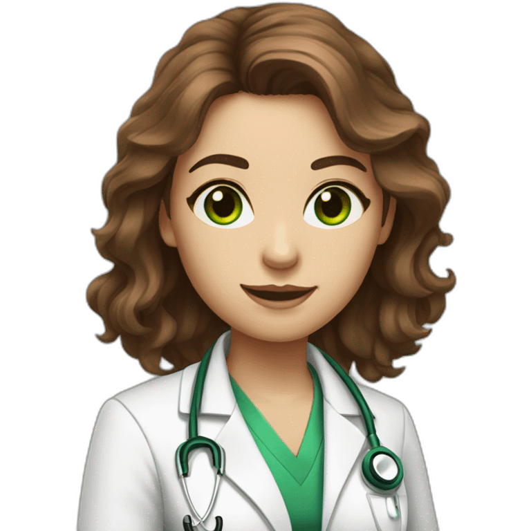 female doctor with brown messy hair and big green eyes emoji