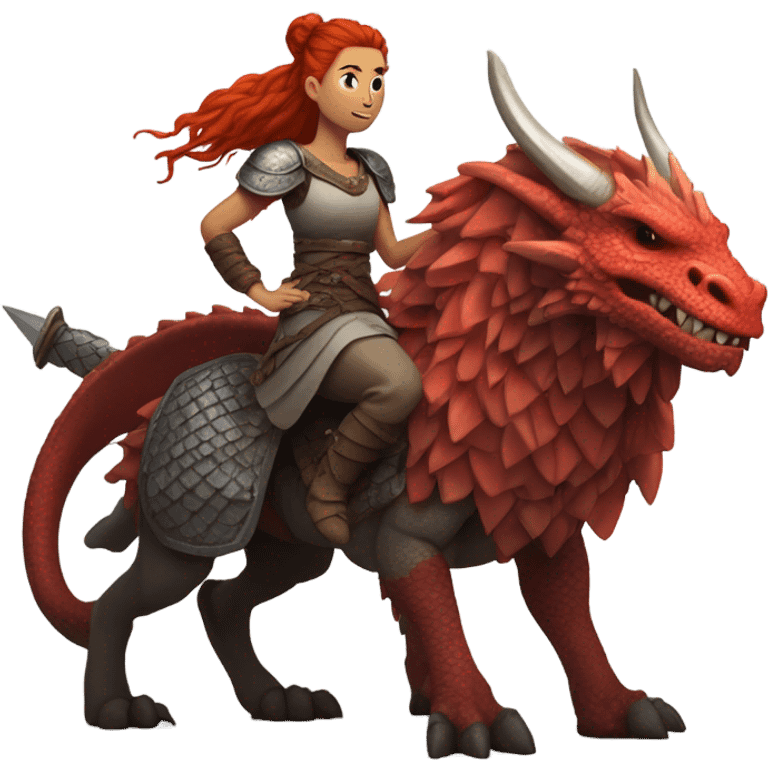 Viking red head dragon queen with a slain Viking solder with a man bun standing on a dragon flying over a volcano in a beautiful sky emoji