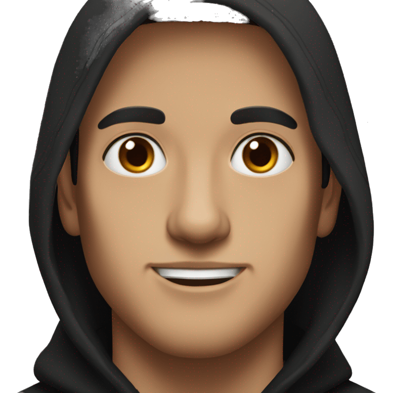 A guy with brown eyes and black hair in a black hoodie emoji