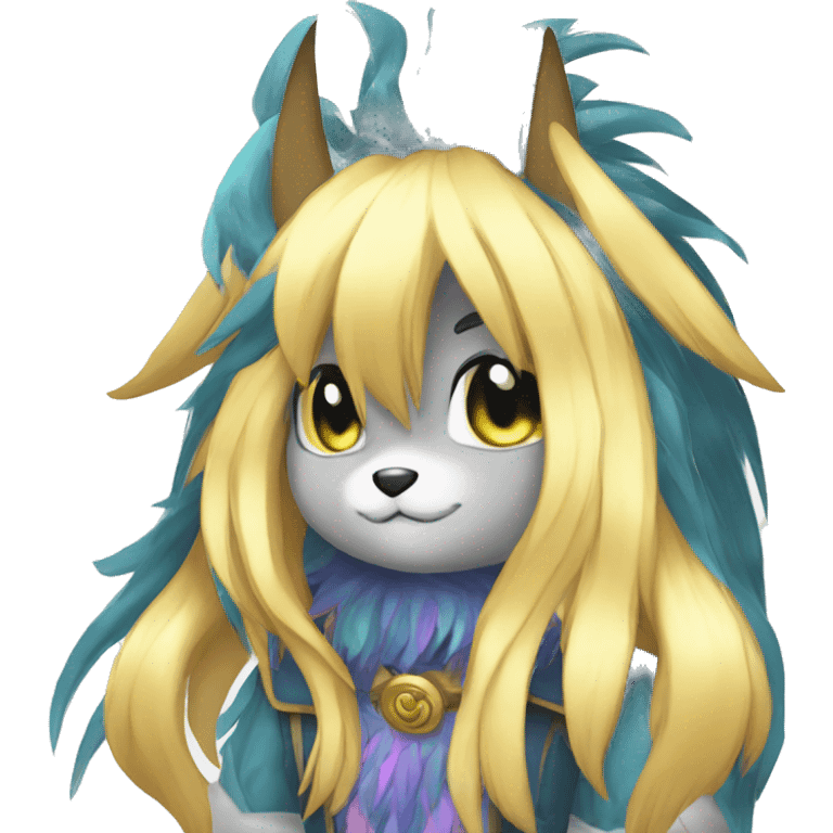 Anthro Sona Cool Edgy Cute Legendary Colorful Shy Shiny Fakemon-Fantasy-Creature With Long Hair-Mane Full Body Detailed High Quality emoji