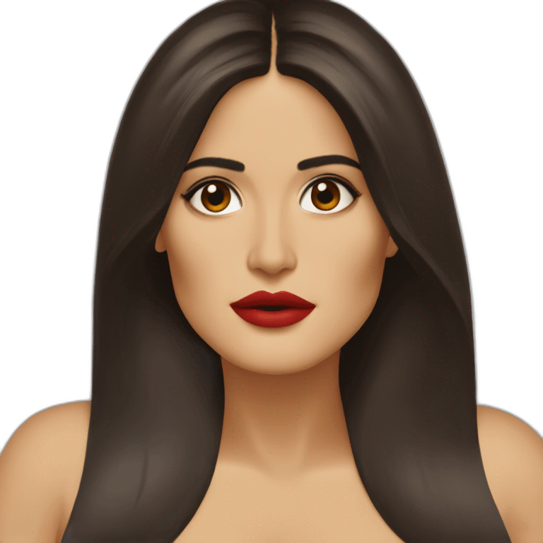 Salma hayek in bikini with straight hair small nose red lips small face almond eyes cute emoji