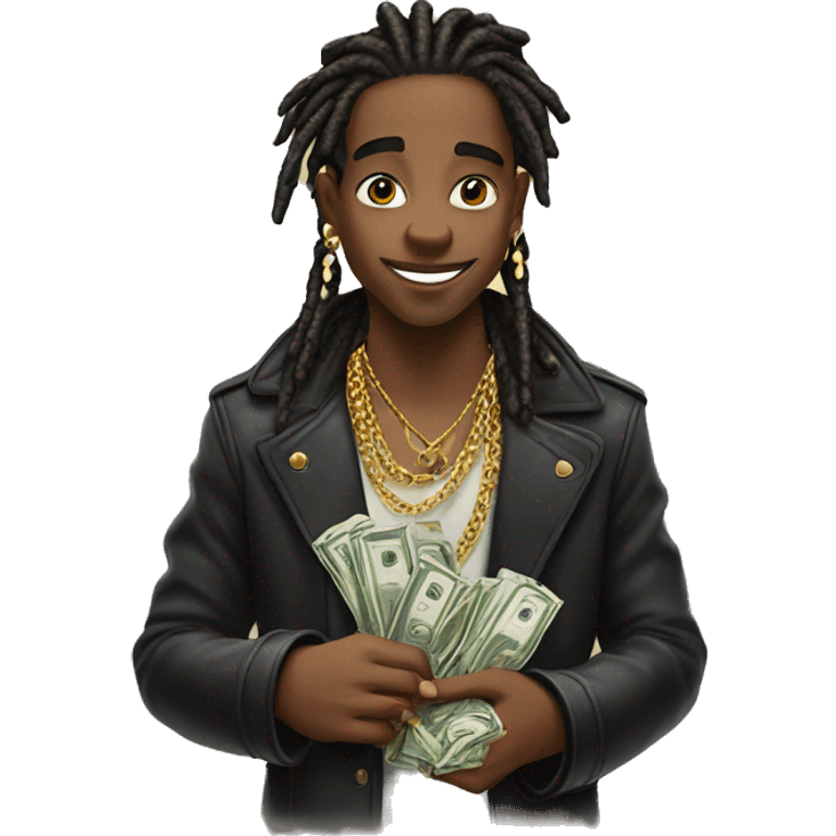 young hustler with dread lock hair with lots of money in both hands wearing jewelry  emoji