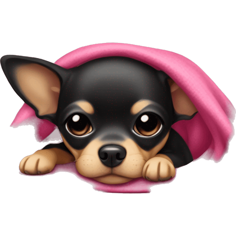 black & tan chihuahua puppy sleeping with a pink blanket  emoji