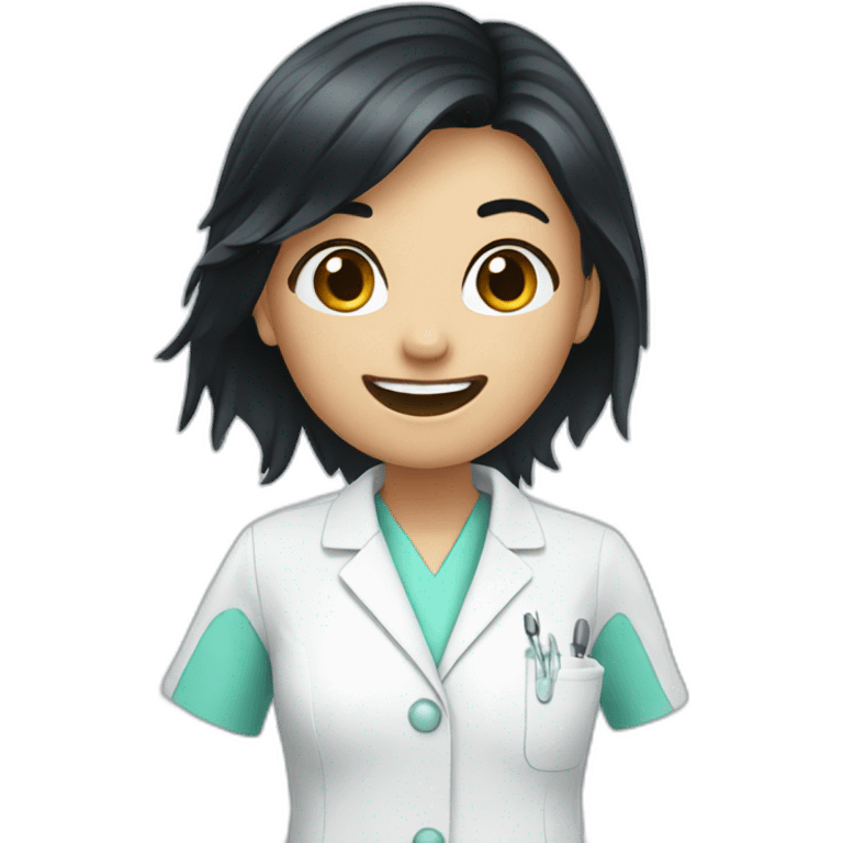 Smart dentist girl waving black hair emoji