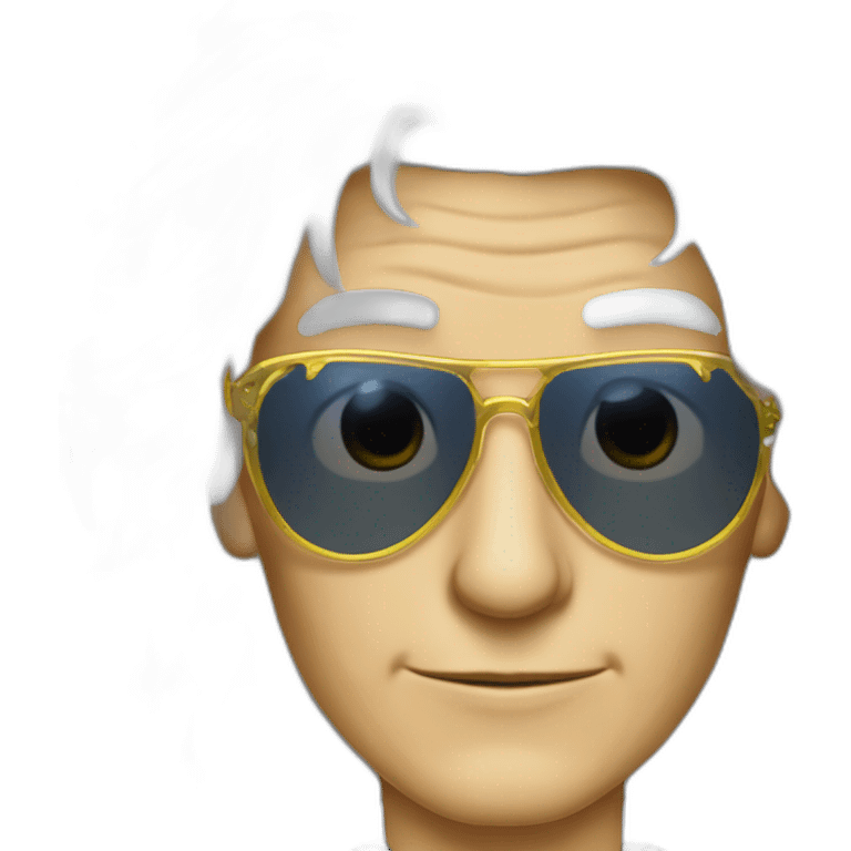 michel polnareff avec des lunettes de soleil blanches, des cheveux longs jaunes et raides, vieux, avec un costume bleu et expression de visage neutre emoji