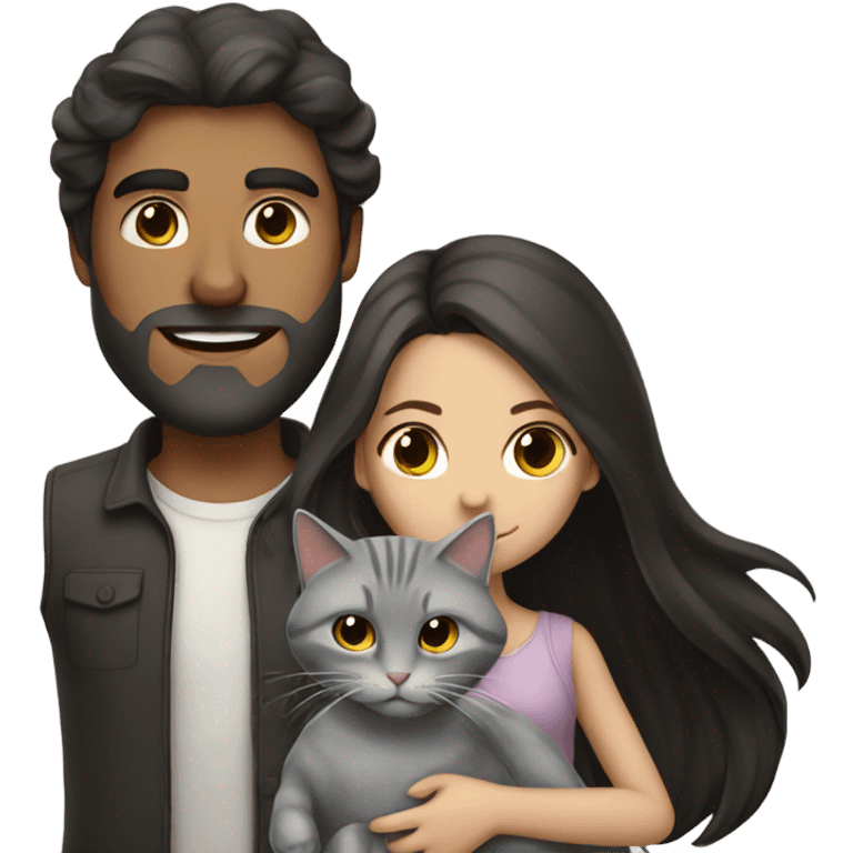 man with long dark hair and brunette girl with grey cat in her arms emoji