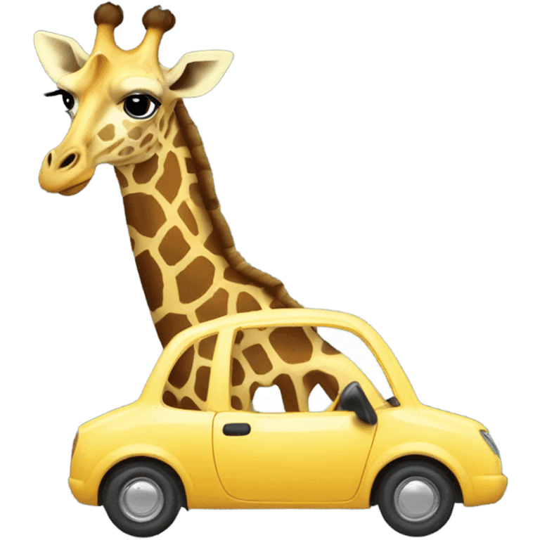 A giraffe wearing a bowtie, trying to fit into a tiny car emoji