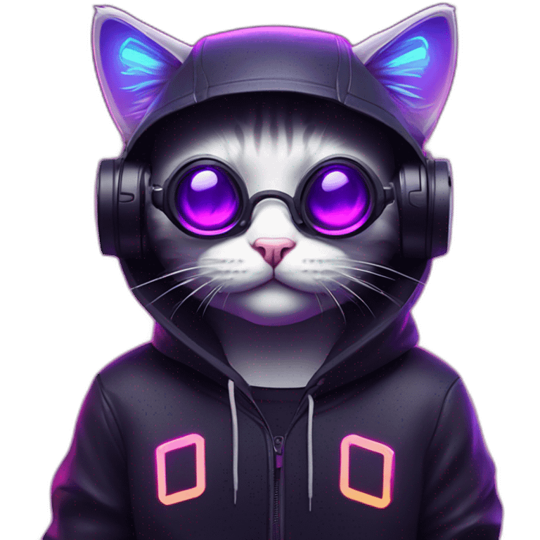 funny cat wearing a black hoodie with "OMG" letters on it and VR headset in a cyberpunk VR environment with violet neon lighting. emoji