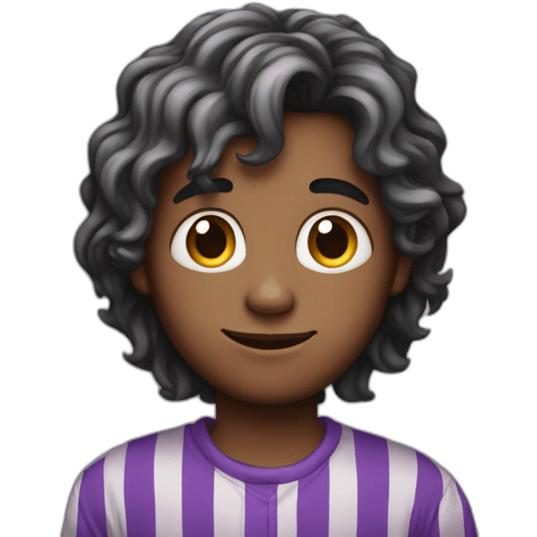 long hair boy who wears a long-sleeved purple striped shirt with a moon print emoji