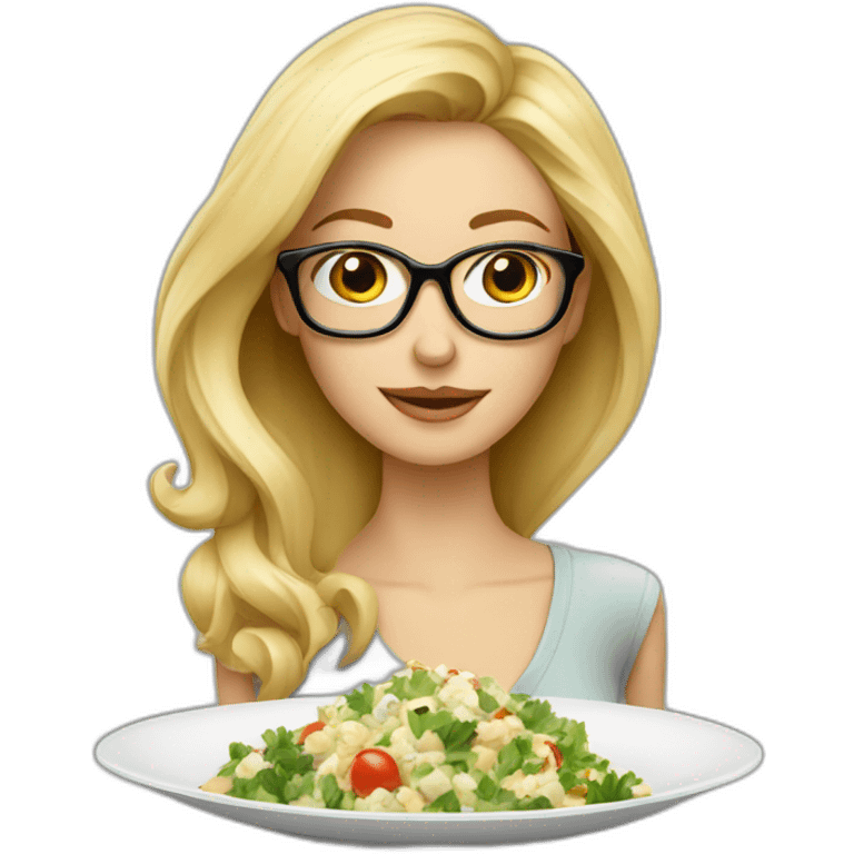 Blonde skinny woman with glasses with a large plate of olivier salad emoji