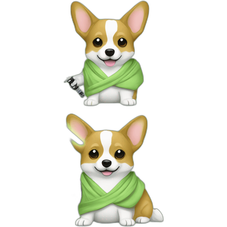 Corgi dress as yoda with one light saber green emoji