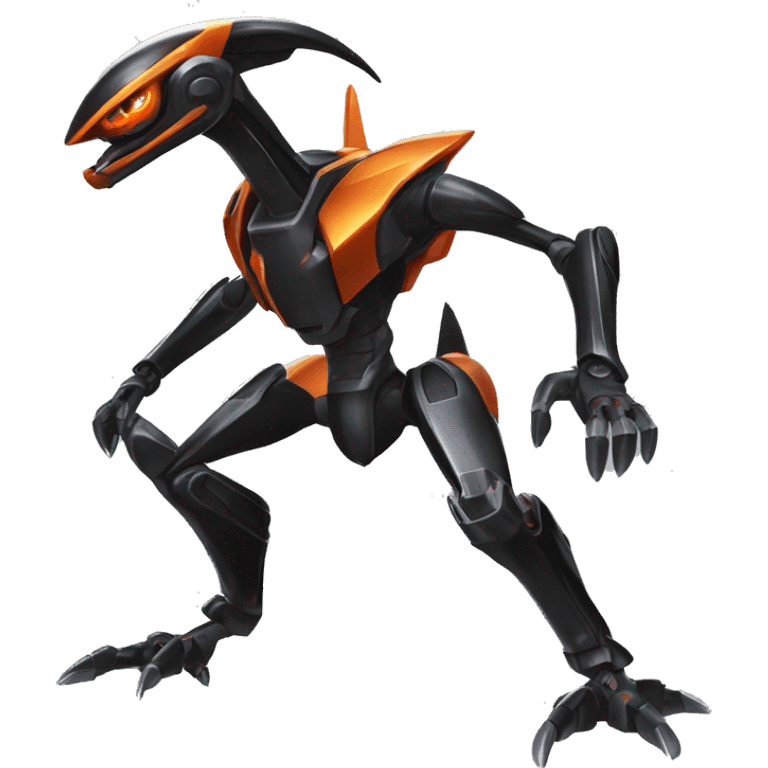 a shiny metallic black-orange Genesect-Flygon-Raptor-Fakémon-Medabot-hybrid with a futuristic visor-helmet full body emoji