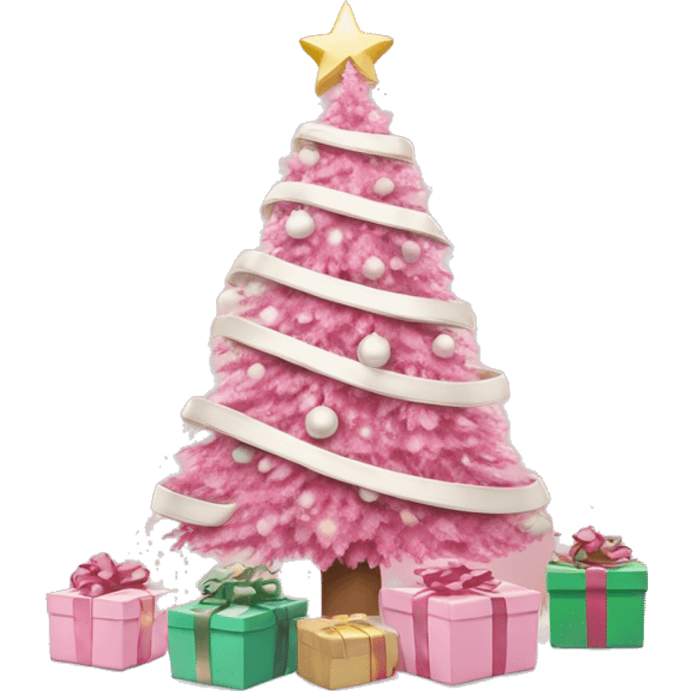 pink christmas tree with white and cream colored presents underneath emoji