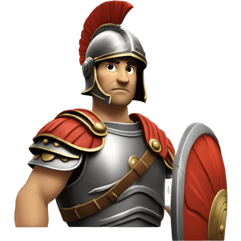 An ancient Roman legionnaire, in full growth, head slightly turned to the left, left hand palm up, showing, holding a shield with his right hand, helmet on his head, straight torso, realistic emoji