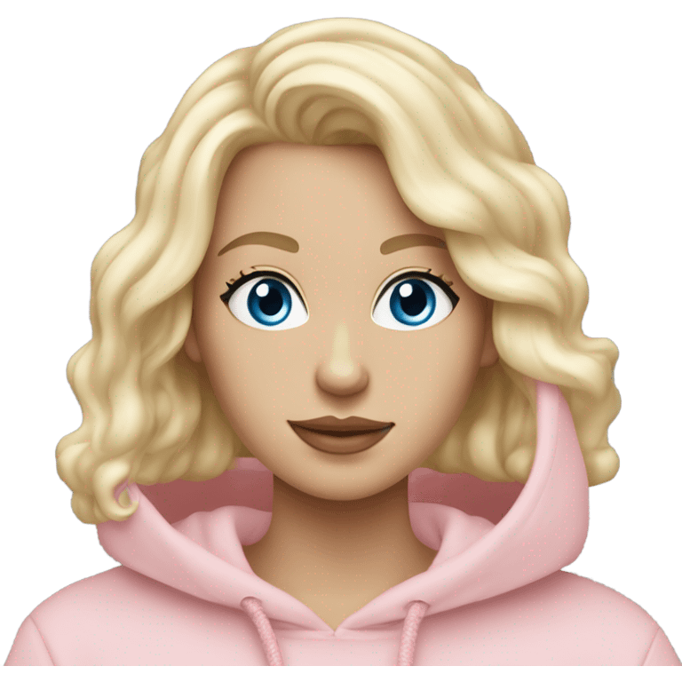 body White girl with platinum wavy blond hair and stunning blue eyes wearing jewelry and a light pink oversize hoodie emoji