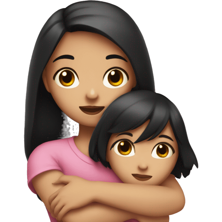 Girl hugging a heart, the girl has black hair, black eyes and is light-skinned emoji