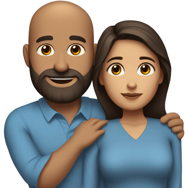 Comforting hug from brunette Puerto Rican with dark brown eyes wearing a cute blue blouse to short, bald man with brown eyes and a beard emoji