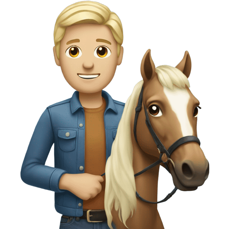 a white blonde man holding a horse emoji