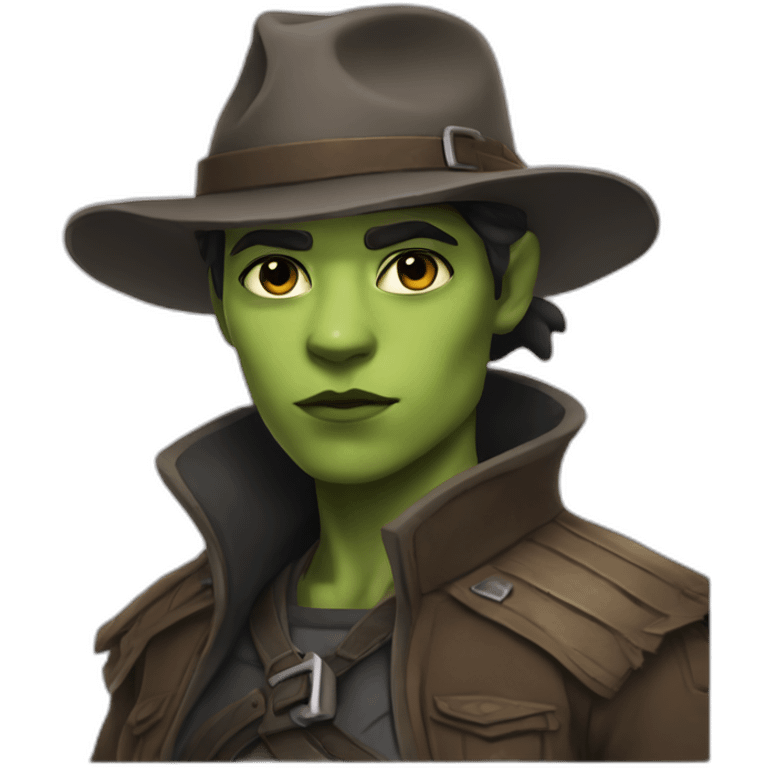 Non-binary Orc ranger wearing fedora emoji