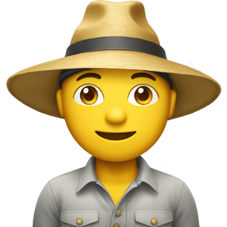 a yellow emoji with small eyes that are wide and look stretched with a rice farming hat emoji