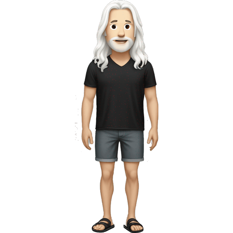 white man white long hair, black shirt, shorts and flipflops emoji