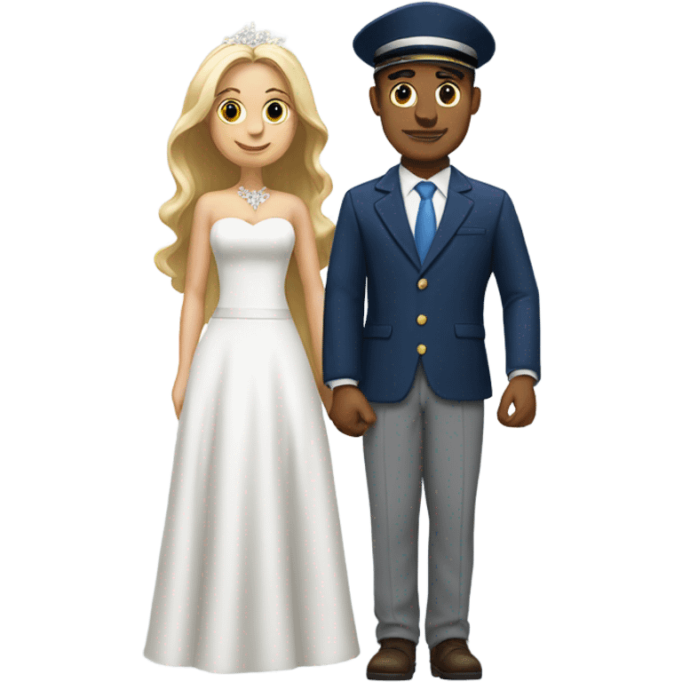 Puerto rican beard short hair with blue hat and navy blue suit getting Married with blond long hair girl with white  wedding dress  emoji