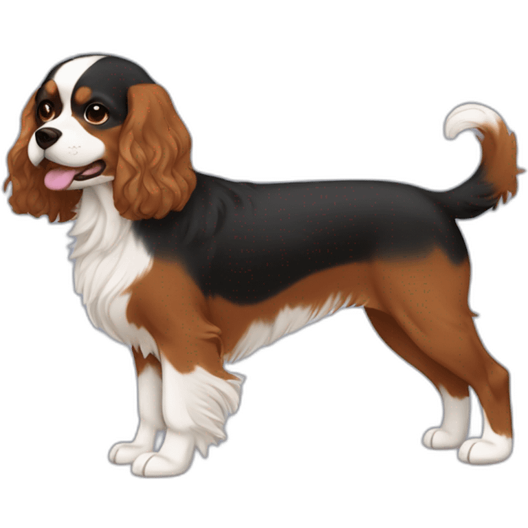 brown-haierd-woman-walking-tricolor-cavalier-dog emoji