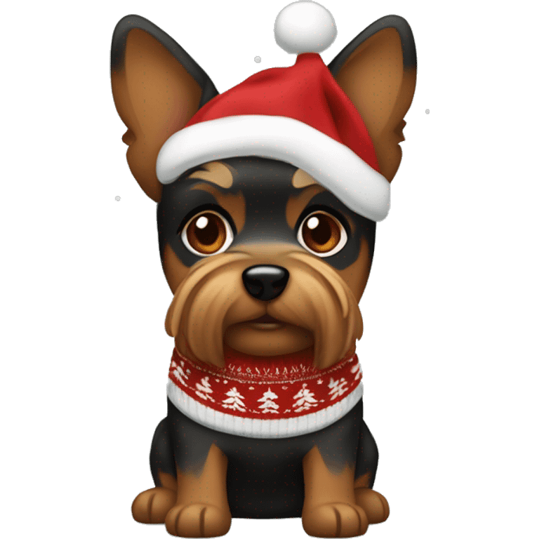 Black back and brown head Yorkshire dog with a small bow on the head wearing chistmas sweater  emoji